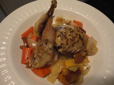 Roasted Quail on a bed of root veggies